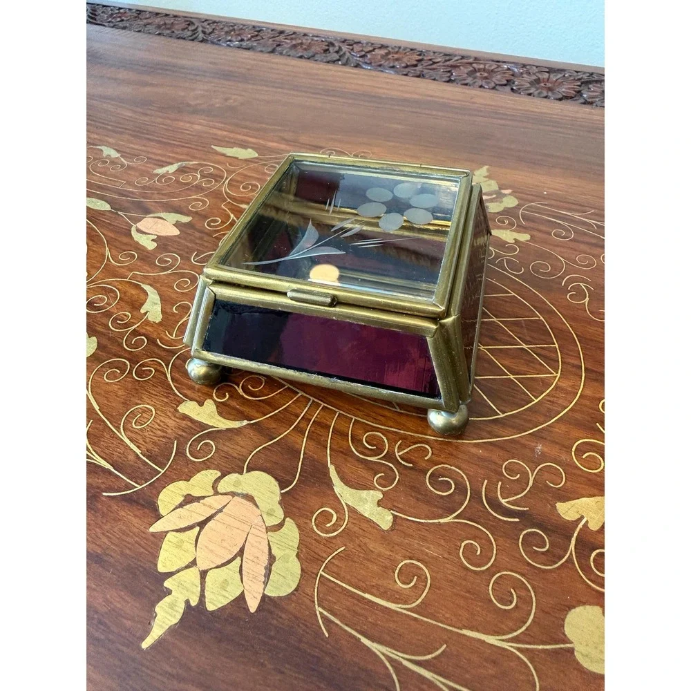 Vintage Brass & Purple‎ Glass Jewelry Box 3